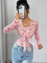 Women's Elegant Romantic Vacation Minimalist Floral Print Mesh Sheer Tie Front Long Sleeve Bodysuit